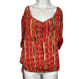 Jenny Han Shirt Womens Sz XS Red Black Gold‎ 100% Silk Waist Tie Blouse